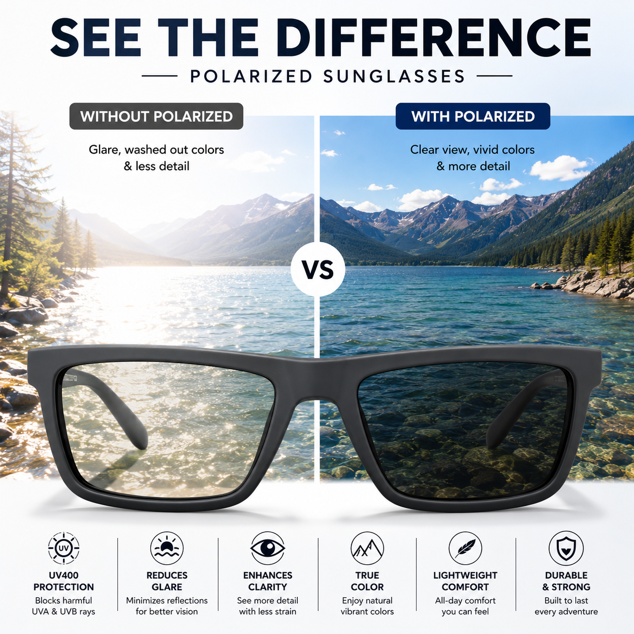 Grey Polarized Sunglasses | Square Frame UV400 Protection for Men & Women