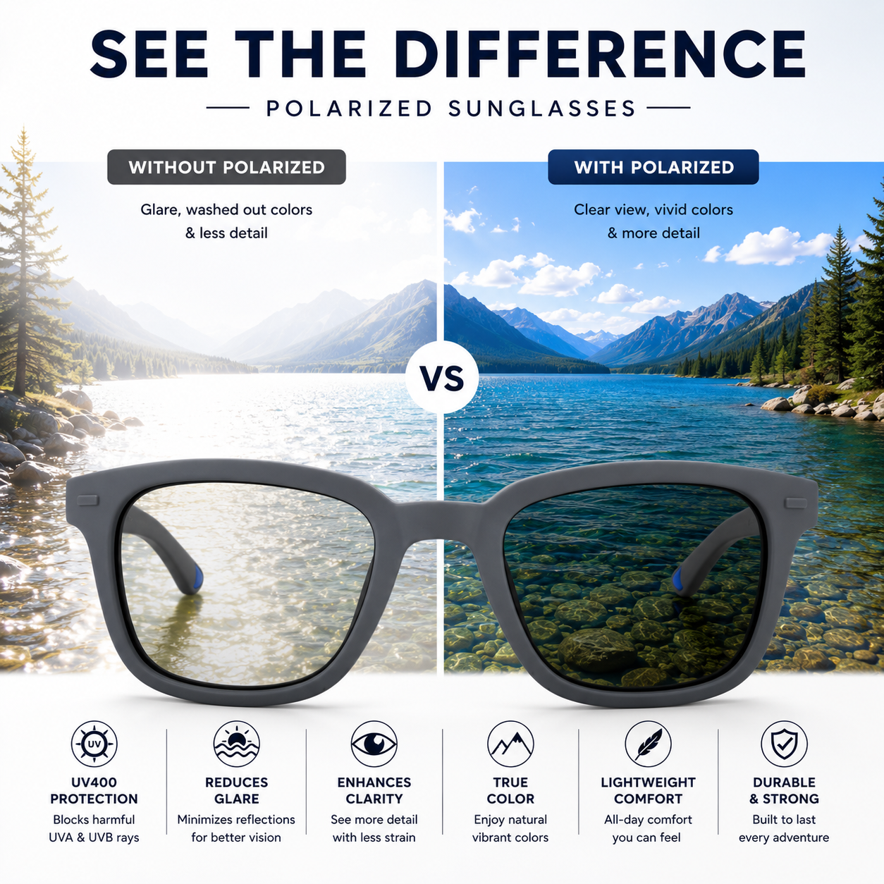 Polarized Sunglasses | Grey Frame with Black Lenses | UV400 Protection