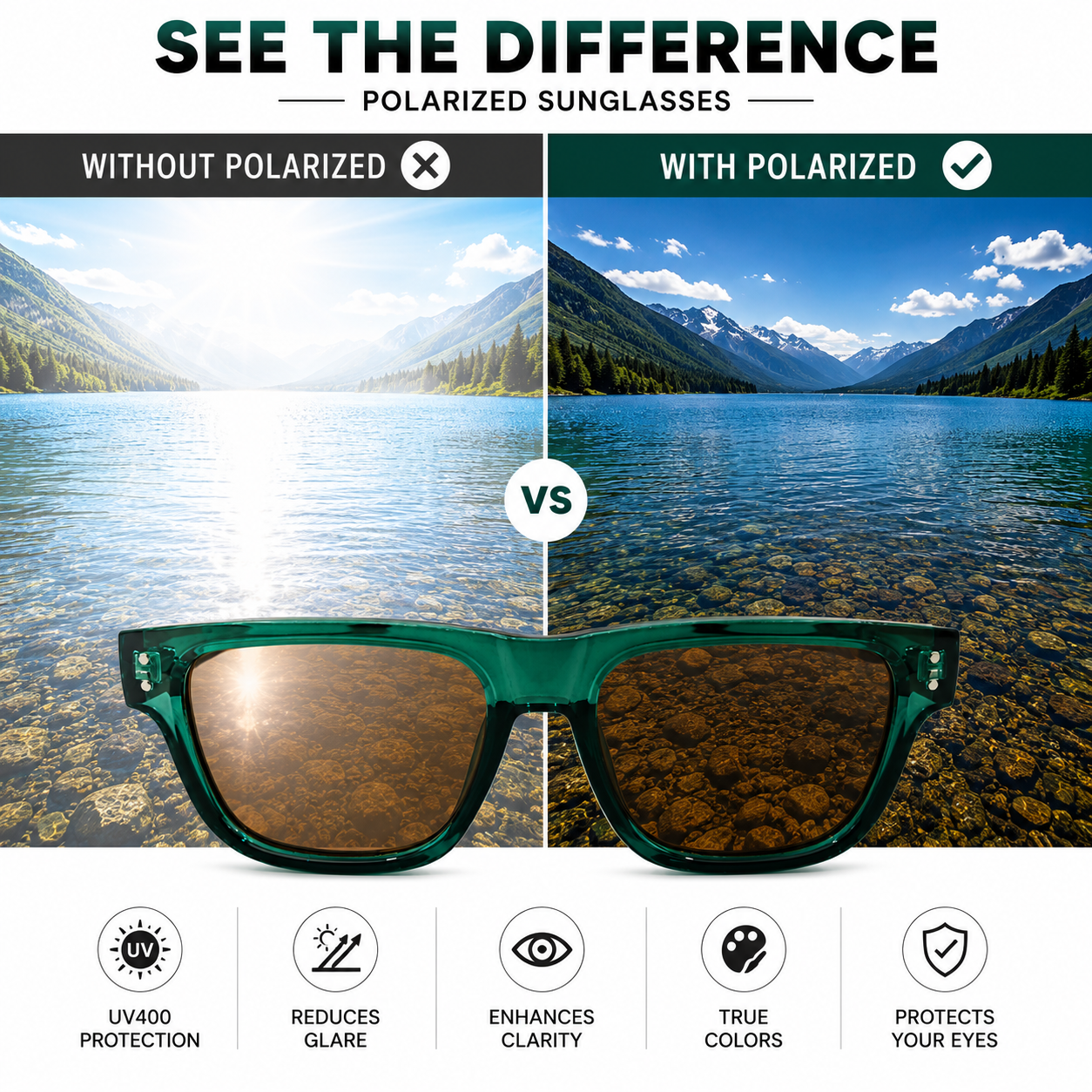 Stylish Green Frame Sunglasses | Polarized & UV Protected | Modern Square Design