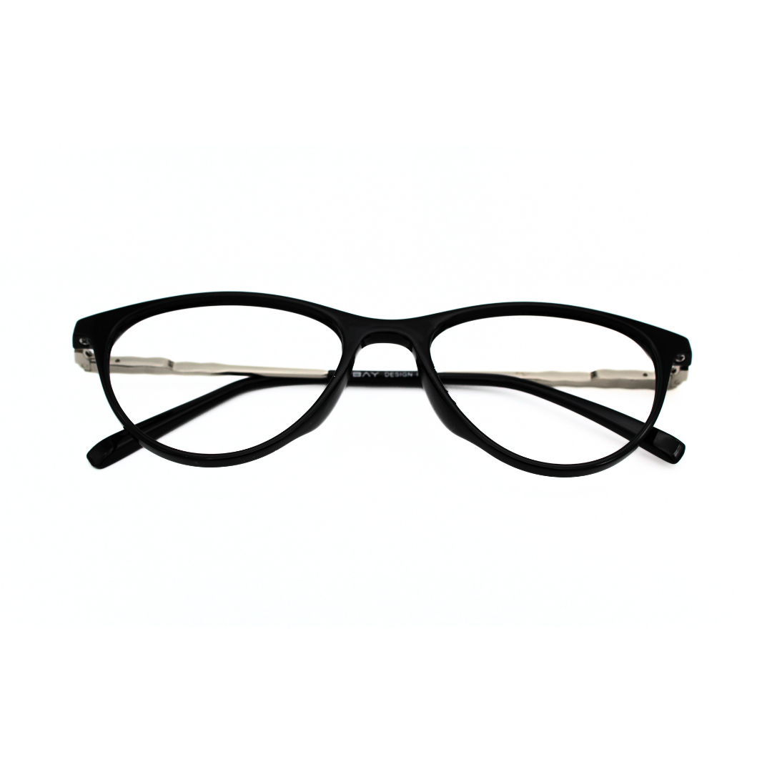 Jubleen's Frame Cat Eye Metal Side Eye Glass 126706 Glossy Black Silver Stylish and Sophisticated Cat Eye Frames