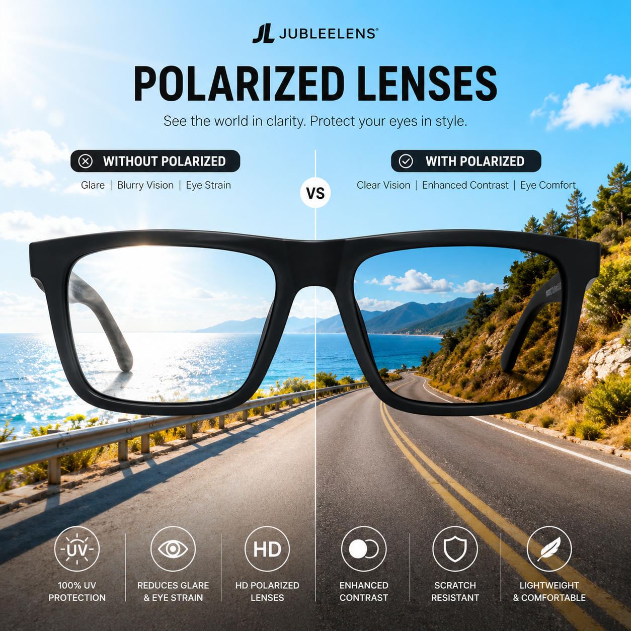 POLARIZED LENSES| Clear Frame Square Sunglasses | UV Protection | Unisex Style