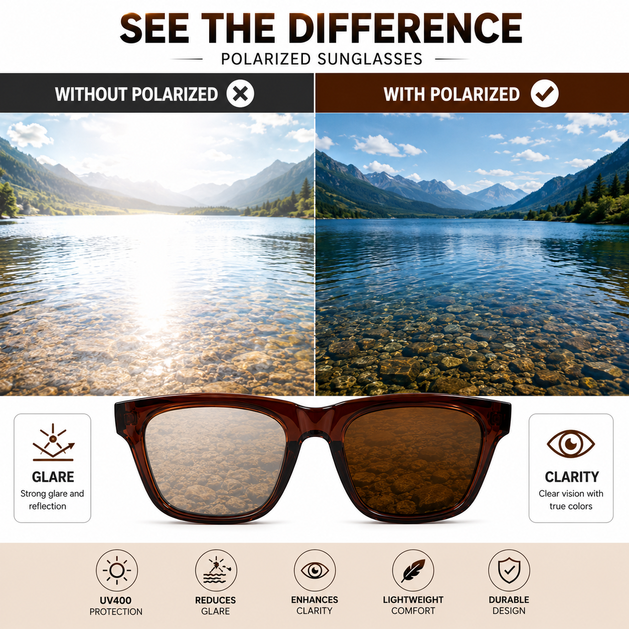 Polarized Sunglasses | Brown Square Frame | UV400 Protected | Unisex Fashion Eyewear