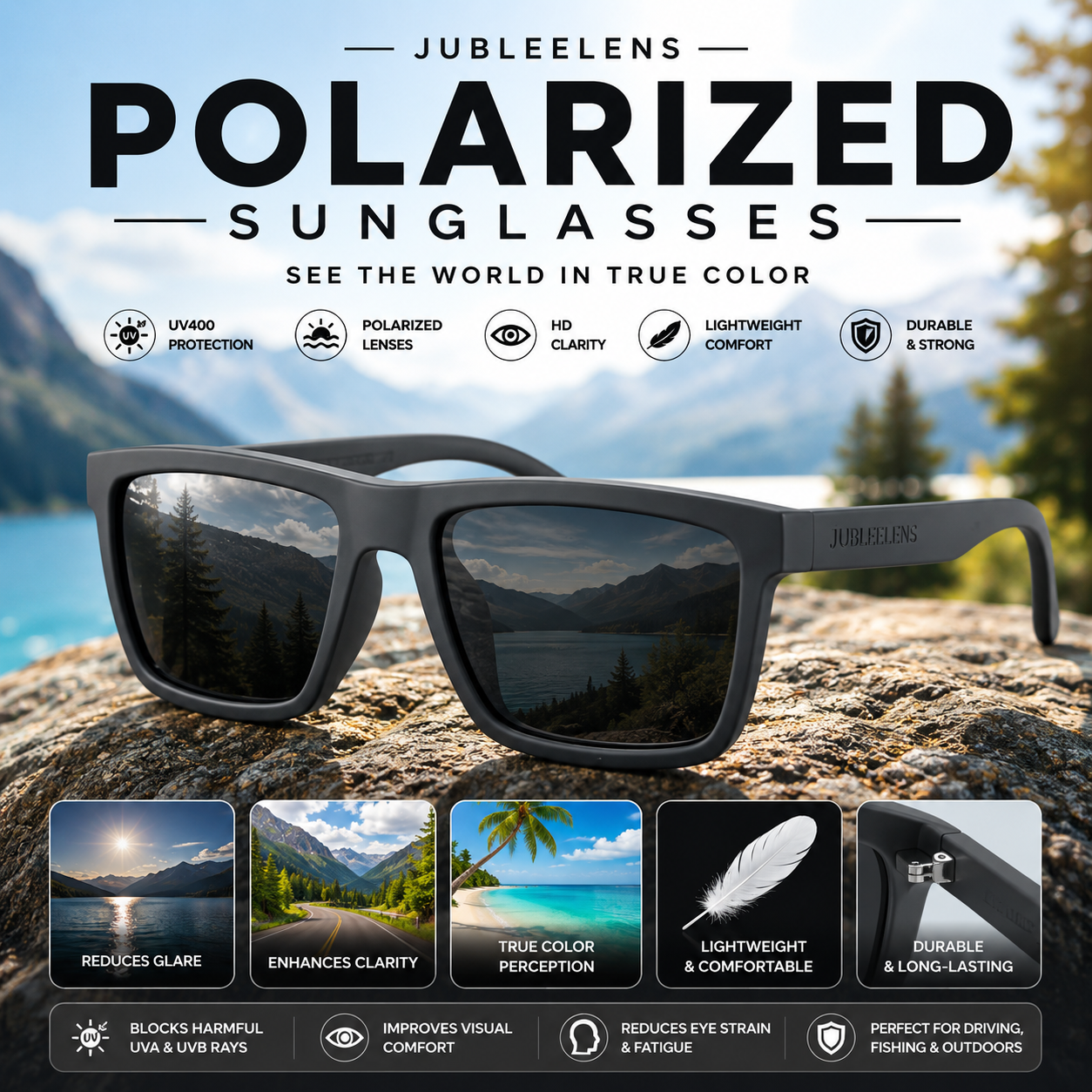 Grey Polarized Sunglasses | Square Frame UV400 Protection for Men & Women