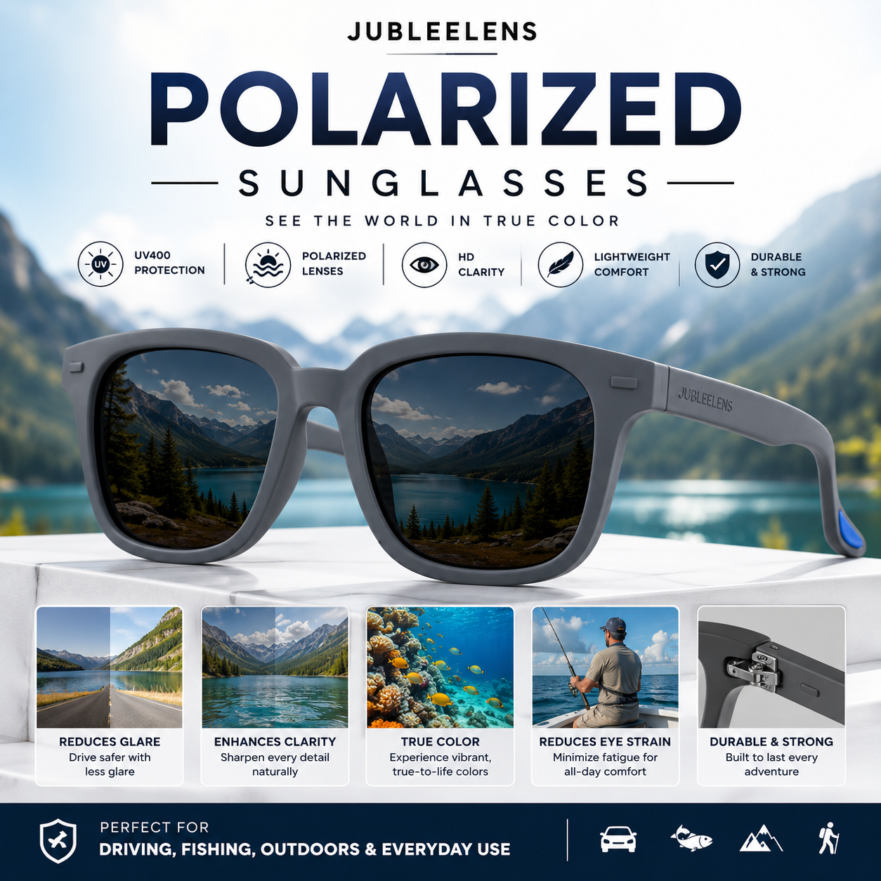 Polarized Sunglasses | Grey Frame with Black Lenses | UV400 Protection
