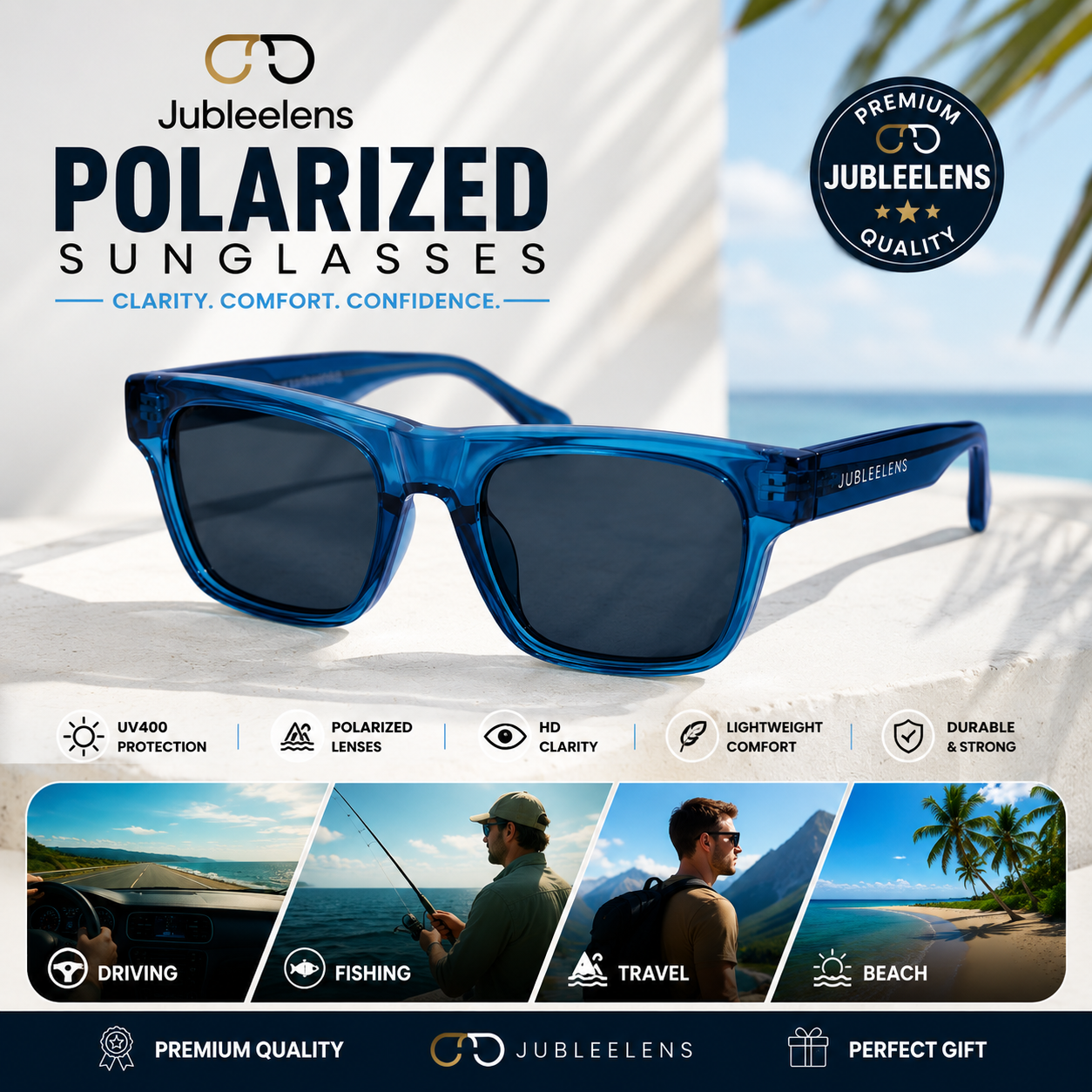 Fashion Square Sunglasses | Transparent Blue Acetate Style Frame | Polarized Lens | Unisex