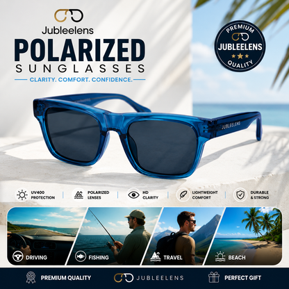 Fashion Square Sunglasses | Transparent Blue Acetate Style Frame | Polarized Lens | Unisex