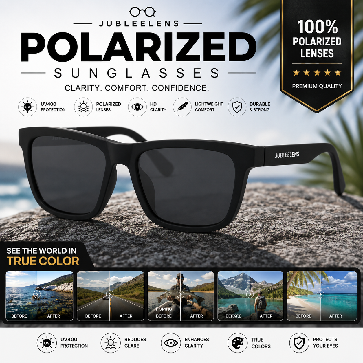 Matte Black Polarized Sunglasses | UV400 Protected Square Frame | Unisex Fashion Eyewear