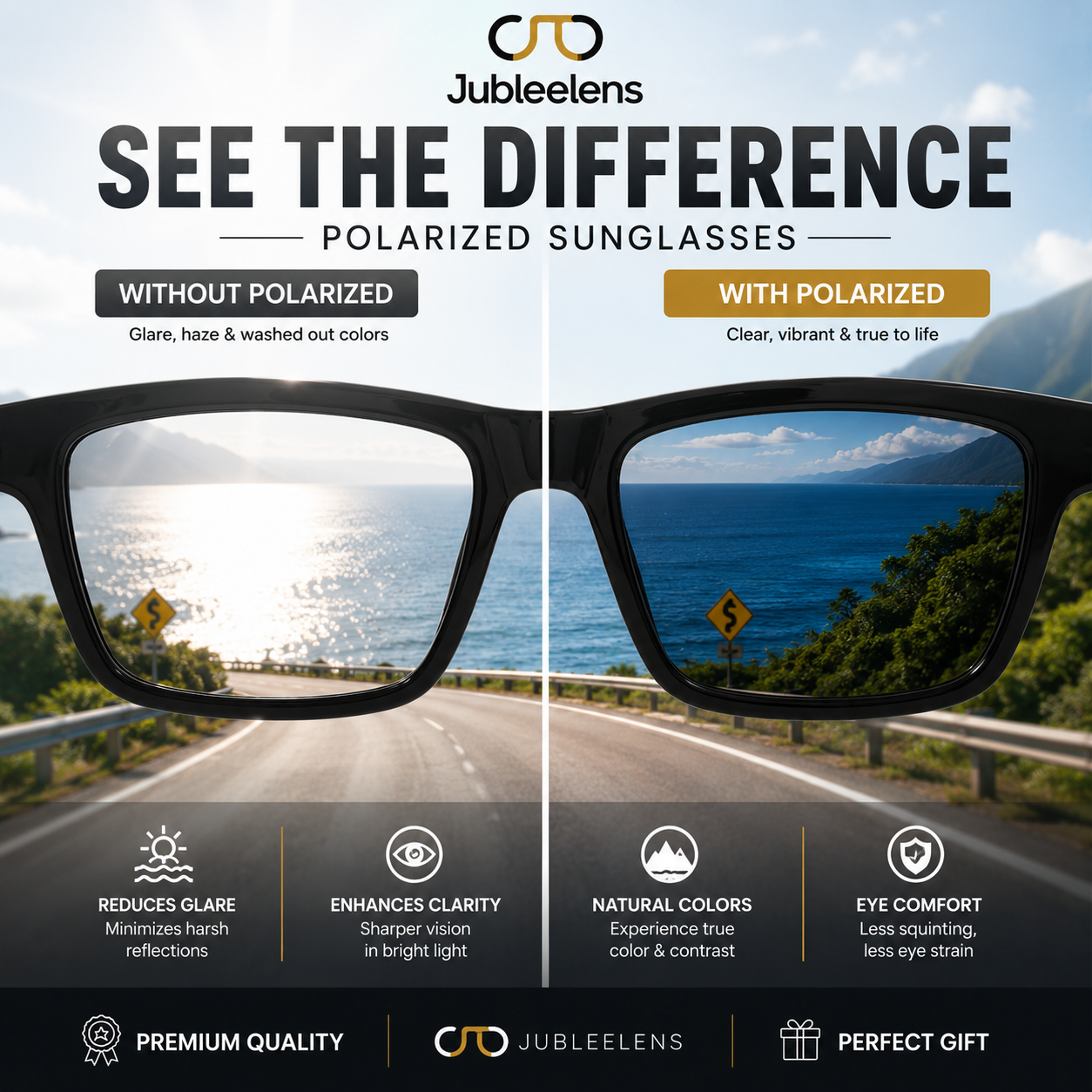 Polarized Square Sunglasses for Men & Women | UV Protected Full Rim Black Frame Eyewear
