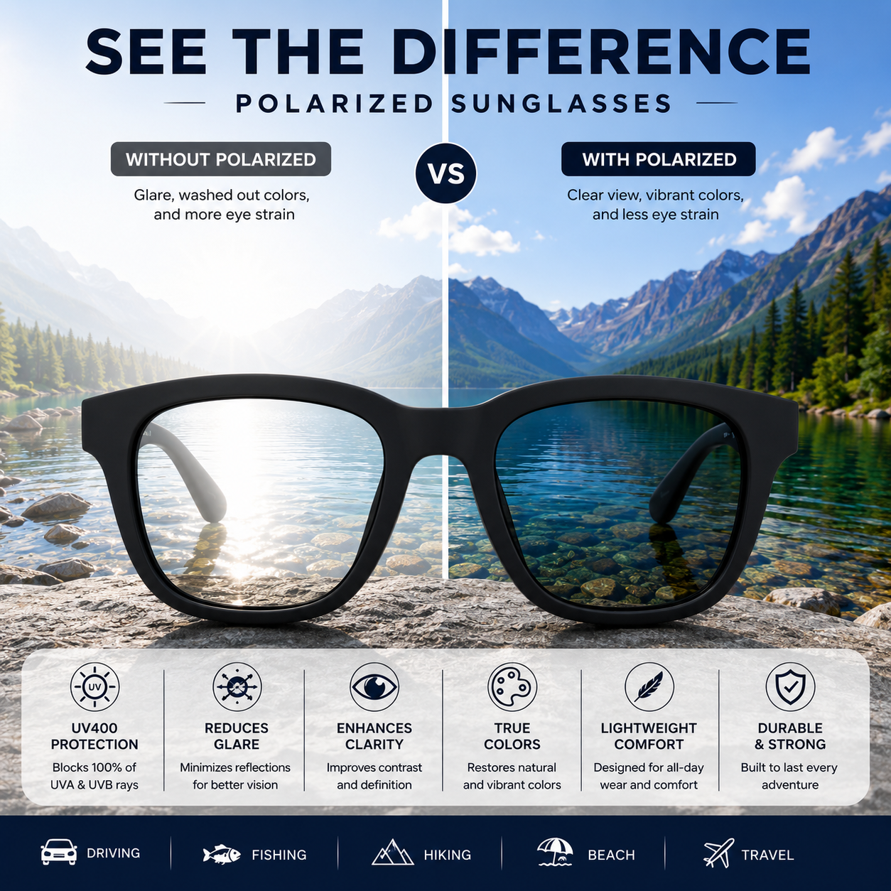 Classic Black Square Cat-Eye Sunglasses | Lightweight Outdoor Eyewear