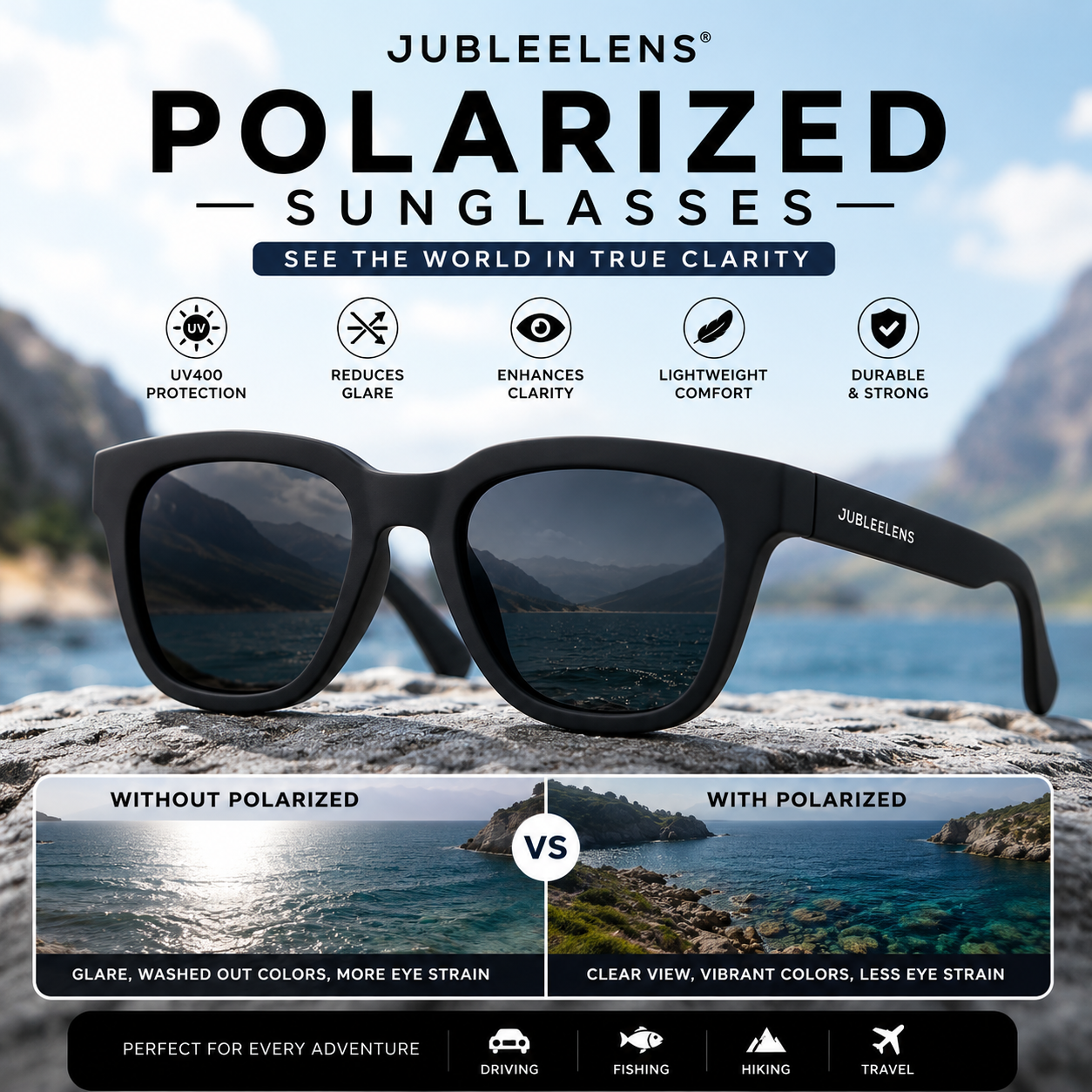 Classic Black Square Cat-Eye Sunglasses | Lightweight Outdoor Eyewear