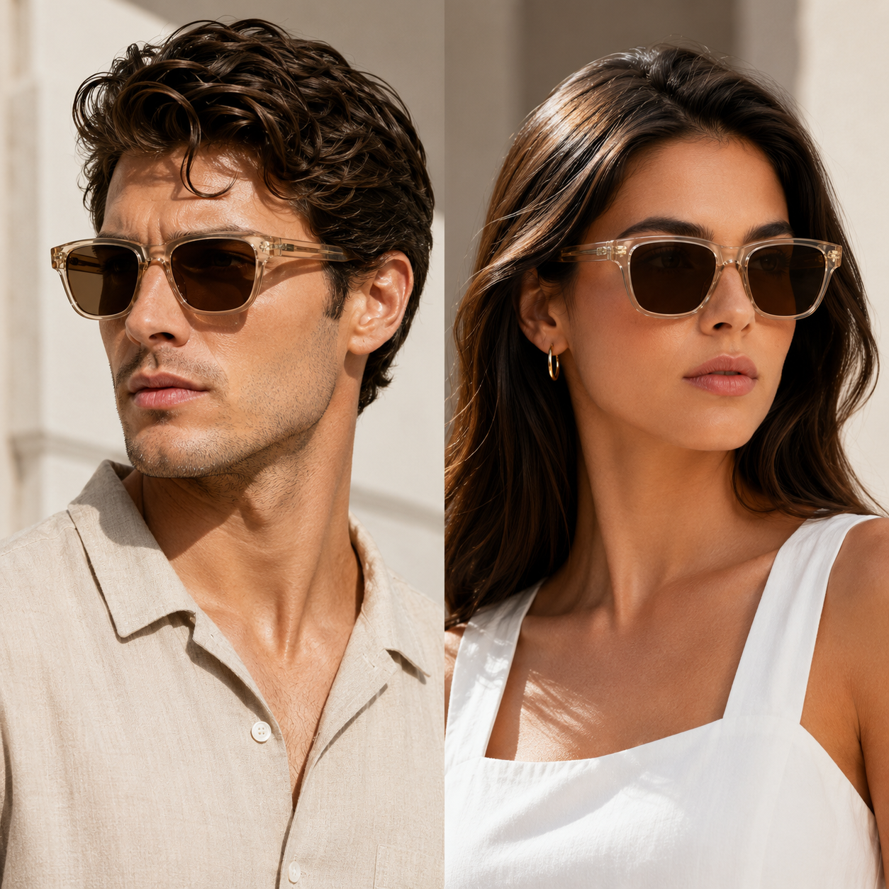 Premium Polarized Sunglasses | Transparent Champagne Square Frame | UV400 Protected | Unisex Fashion Eyewear