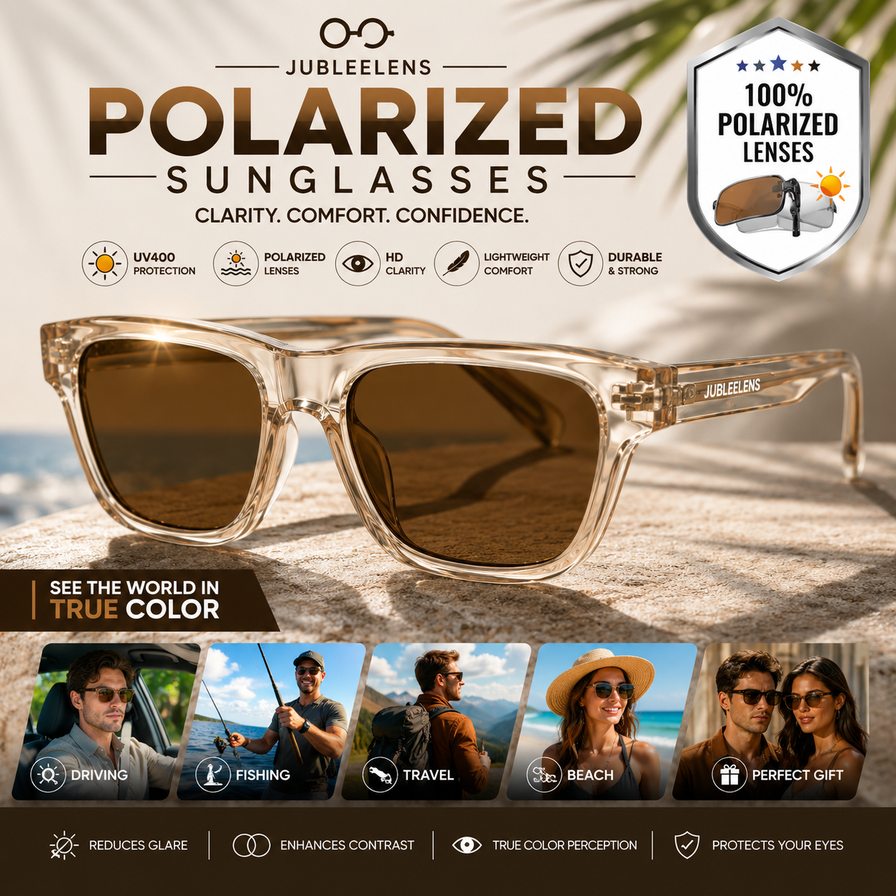 Premium Polarized Sunglasses | Transparent Champagne Square Frame | UV400 Protected | Unisex Fashion Eyewear