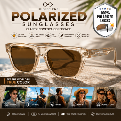 Premium Polarized Sunglasses | Transparent Champagne Square Frame | UV400 Protected | Unisex Fashion Eyewear