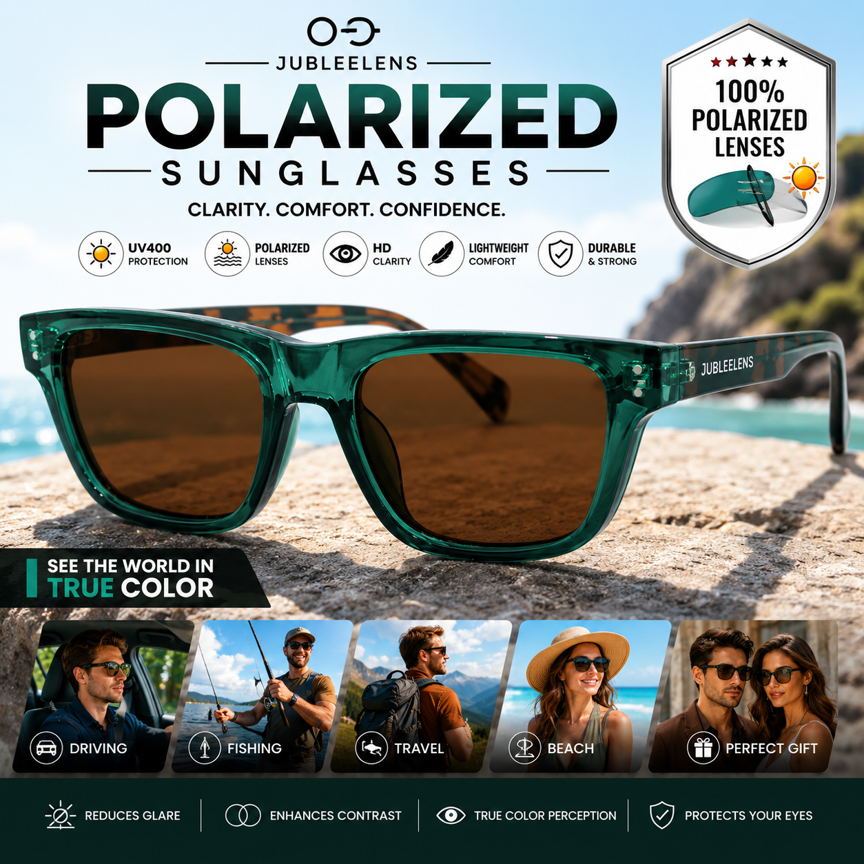 Stylish Green Frame Sunglasses | Polarized & UV Protected | Modern Square Design