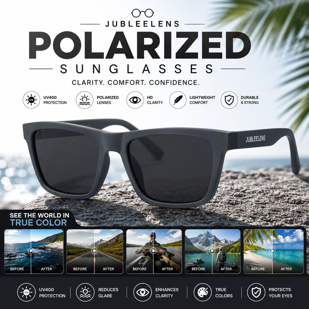 Matte Black Square Sunglasses | Polarized Lenses | UV400 Protected Unisex Eyewear