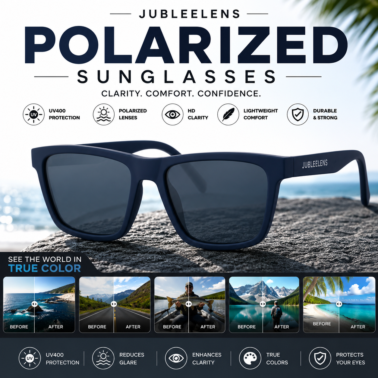 Matte Blue Square Sunglasses | Polarized Lenses | UV400 Protected Unisex Eyewear