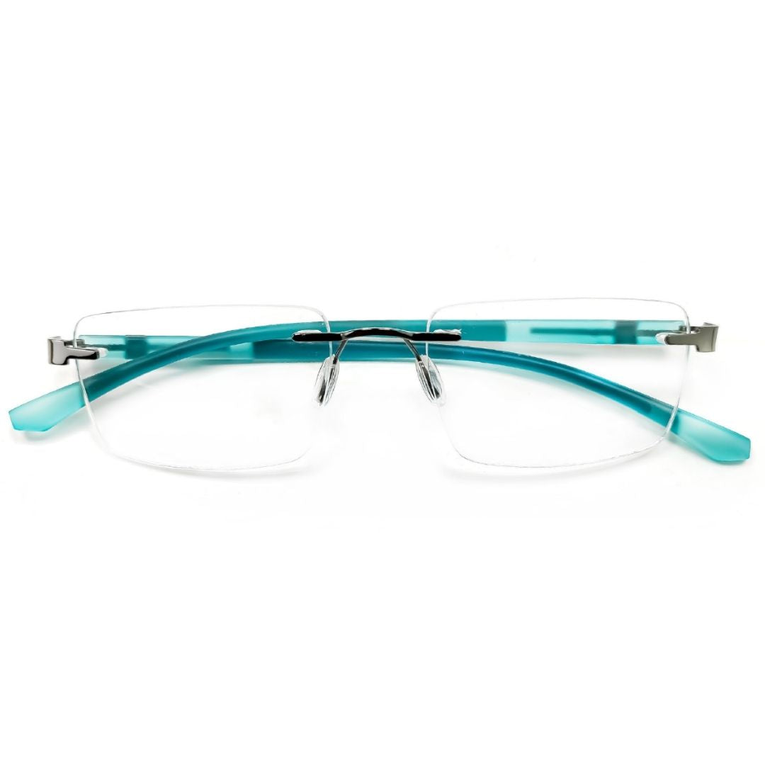  The rectangular Spectacles are finished with medium black metal and cyan colour acetate material